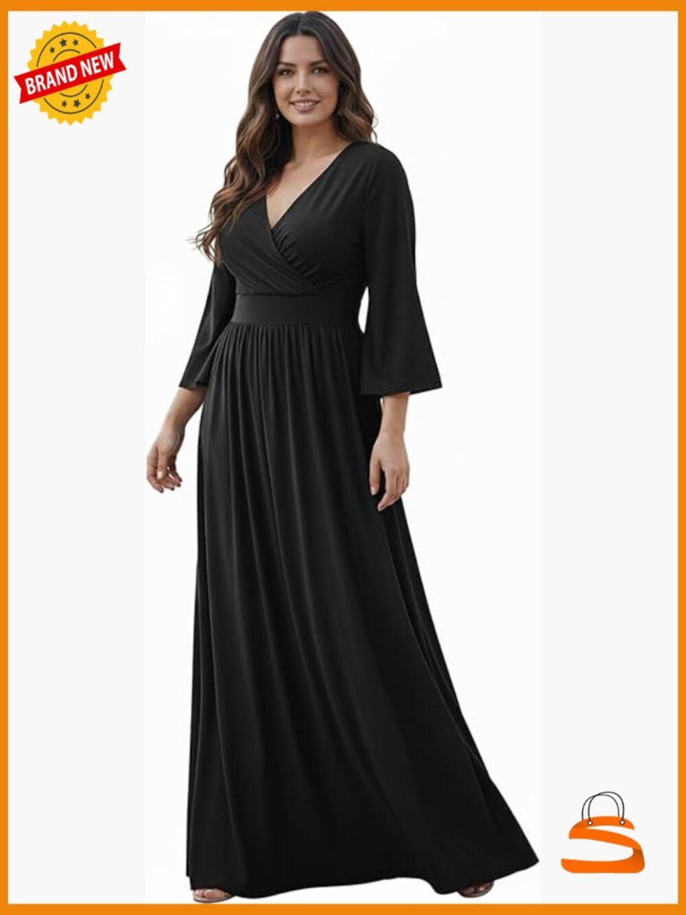 Womens Long Sleeve V-Neck Wrap Empire Waist Flowy Maxi Dress with Belt
